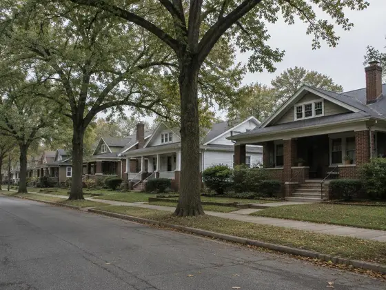A Bellevue block of brick bungalows under old oaks.