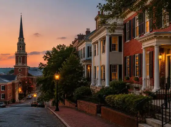Townhouses and a steeple on Church Hill at dusk.