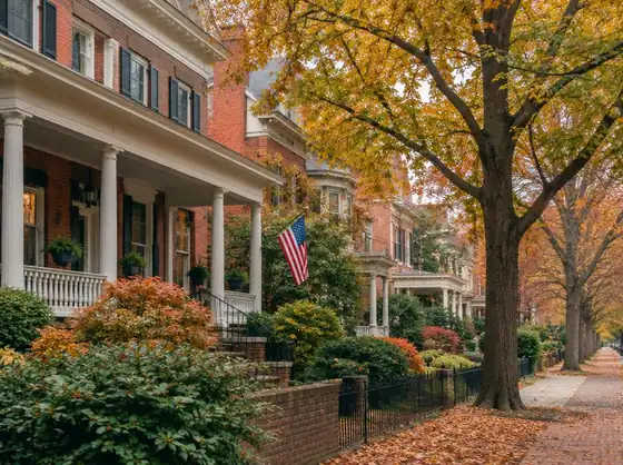 Columned porches on a Museum District block in October.